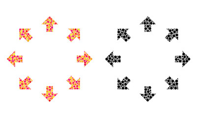 Dot radial arrows mosaic icons. Vector radial arrows icons in colorful and black versions. Collages of different spheric spots.