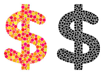 Pixel dollar mosaic icons. Vector dollar icons in bright and black versions. Collages of variable circle elements. Vector collages of dollar images combined of random round elements.