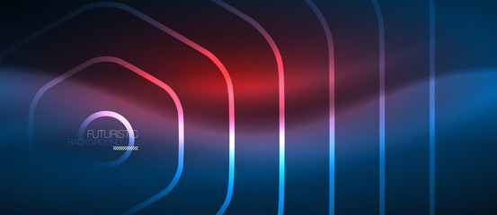 Neon glowing lines, magic energy space blue light concept, abstract background wallpaper design