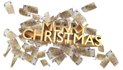merry christmas bold golden with 50 euro banknotes 3d-illustration