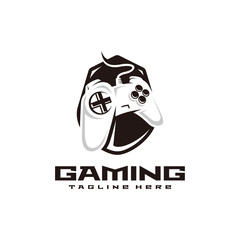 Game gaming esport logo design, joystick controller keypad and shield vector icon