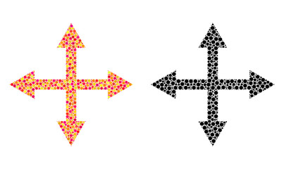 Dotted expand arrows mosaic icons. Vector expand arrows icons in bright and black versions. Collages of irregular circle spots. Vector concepts of expand arrows images done of irregular round pixels.