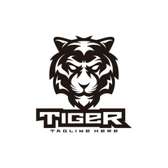 Tiger illustration mascot logo design, line art black and white, tiger head vector icon