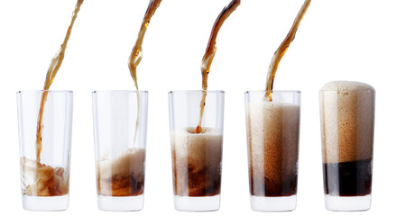 Glass pouring with a splashing cola set of 5 shot. pouring cola isolated on white