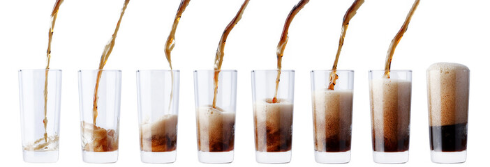 pouring cola in glass set of 8 shot. glass pouring with cola isolated on white
