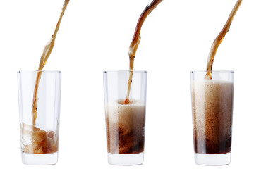 cola pouring into glass isolated on white. Collection of pictures soda poured in glass 