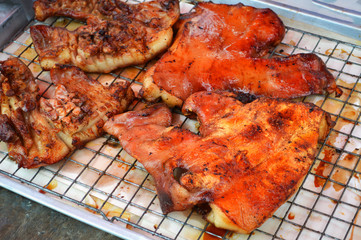 Delicious barbecued Grilled pork on grille ready serve / skin streaky pork Grilled