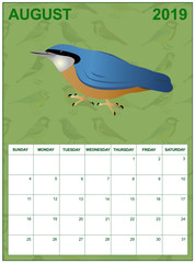August 2019 calendar on english with an Eurasian nuthatch in the middle