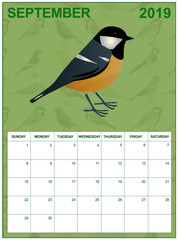September 2019 calendar on english with a Coal tit in the middle