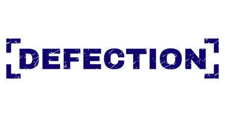 DEFECTION title seal print with distress texture. Text title is placed inside corners. Blue vector rubber print of DEFECTION with corroded texture.