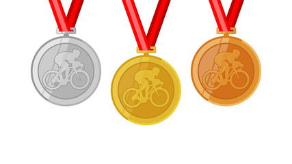 road cycling race champion complete shinny medals set gold siver and bronze in flat style
