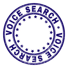 VOICE SEARCH stamp seal imprint with grunge texture. Designed with circles and stars. Blue vector rubber print of VOICE SEARCH tag with dust texture.