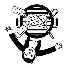 man looking up with barbecue grill