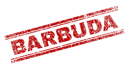 BARBUDA seal print with distress texture. Red vector rubber print of BARBUDA text with dust texture. Text caption is placed between double parallel lines.