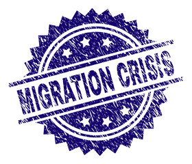 MIGRATION CRISIS stamp seal watermark with distress style. Blue vector rubber print of MIGRATION CRISIS label with unclean texture.