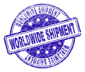 WORLDWIDE SHIPMENT stamp seal watermark with grunge texture. Designed with rounded rectangles and circles. Blue vector rubber print of WORLDWIDE SHIPMENT caption with corroded texture.