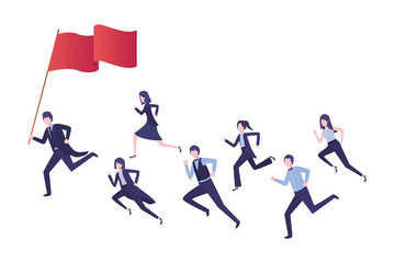 group of executives running with flag