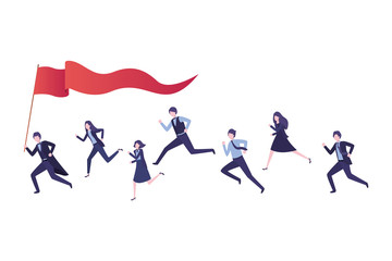 group of executives running with flag