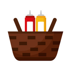 wicker basket with mustard and ketchup