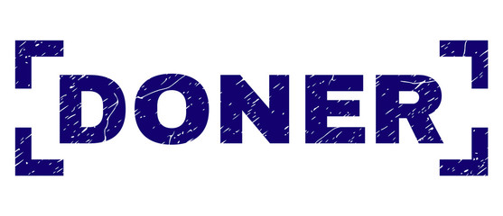 DONER title seal print with grunge texture. Text title is placed inside corners. Blue vector rubber print of DONER with corroded texture.