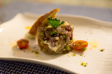 A plated dish of tuna tartare