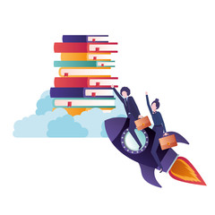 business couple with books and rocket