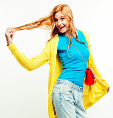 young pretty stylish hipster girl posing emotional isolated on w