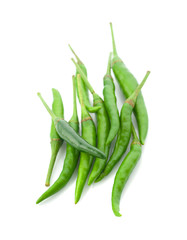 green hot chili peppers isolated on white background. Top view.