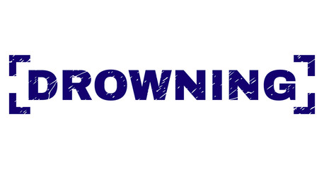 DROWNING caption seal watermark with grunge texture. Text caption is placed inside corners. Blue vector rubber print of DROWNING with corroded texture.