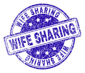 WIFE SHARING stamp seal watermark with grunge texture. Designed with rounded rectangles and circles. Blue vector rubber print of WIFE SHARING title with retro texture.