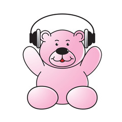 isolated happy cute bear listening music  with headset