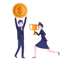 business couple with trophy and coin character