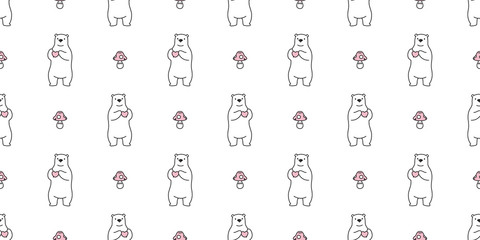 Bear seamless pattern vector polar bear heart valentine mushroom cartoon illustration tile background wallpaper scarf isolated