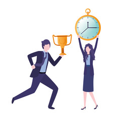 business couple with clock and trophy avatar character