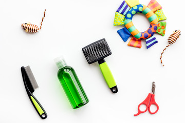 Grooming and training equipment for pets care white background top view