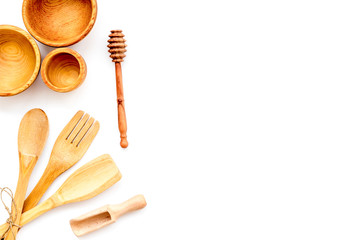 Village wooden cutlery set on white background top view mock-up