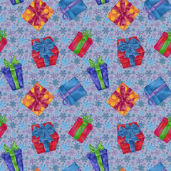 Gift Boxes Seamless Pattern with Snowflakes on Background.  festive Design for Christmas, New Year, and Winter Holidays Print, Background, Gift Wrap, and Textile.