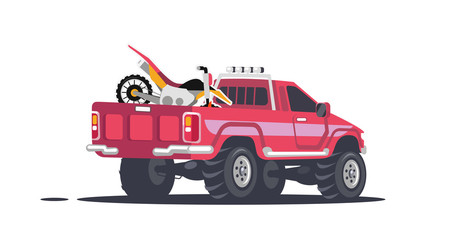Pickup with sports motorcycles. Pickup car and motorcycle for motocross racing transported in the back. Transfer of equipment and inventory team sports motorsports. Vector cartoon illustration