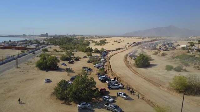 Aerial shot of the San Felipe 250 race. This shows some of the track the driver has to manoeuvre, camera movement forward