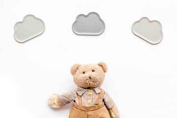 Baby care with craft toys for newborn. Teddy bear. White background top view