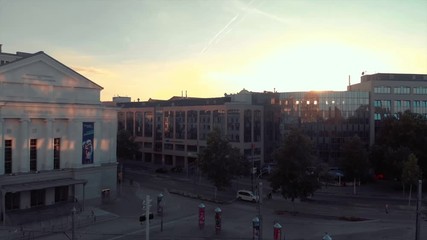 Opera House at summertime in Magdeburg with tram rails.