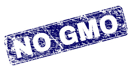 NO GMO stamp seal print with distress texture. Seal shape is a rounded rectangle with frame. Blue vector rubber print of NO GMO title with grunge texture.