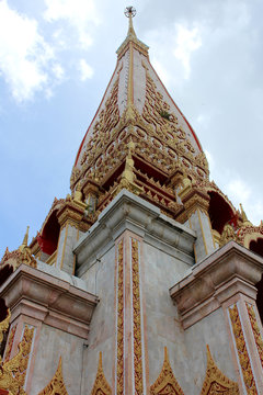 The spire of The Grand Pagoda at Wat Chalong Temple, Chalong, Phuket, Thailand. The pagada houses a splinter of Lord Buddha's bone.