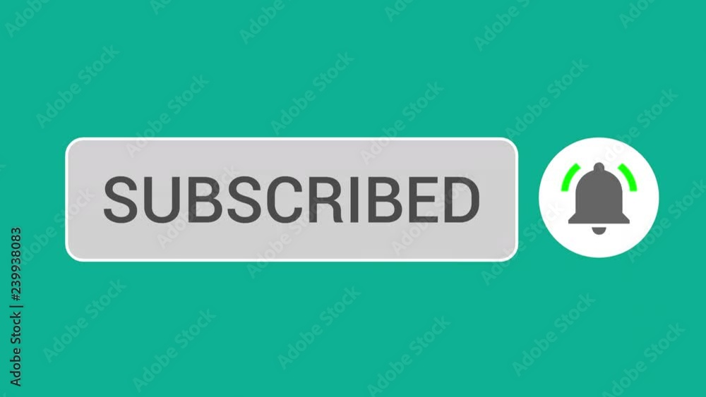 Poster mouse clicking subscribe button and bell notification with white border and teal background.