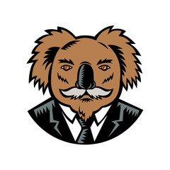 Koala With Moustache Woodcut Color