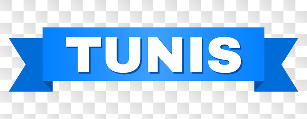 TUNIS text on a ribbon. Designed with white title and blue stripe. Vector banner with TUNIS tag on a transparent background.