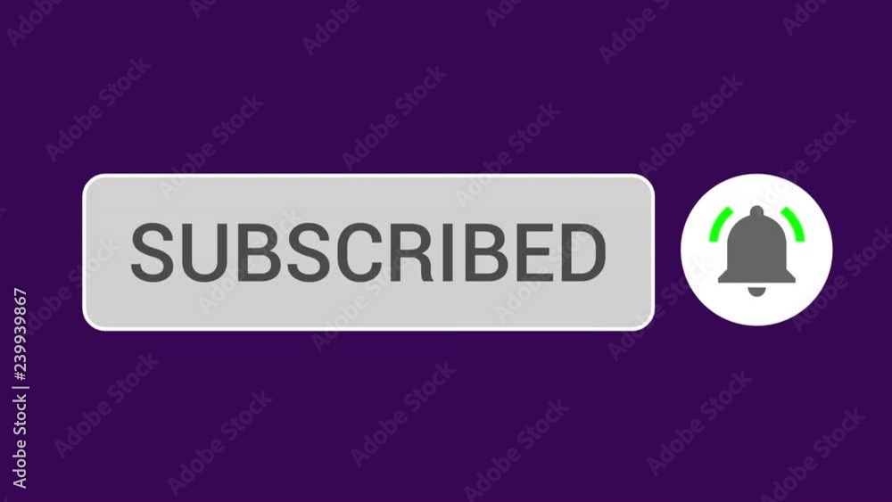Poster mouse clicking subscribe button and bell notification with white border and deep purple background.
