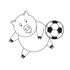 black and white cute pig cartoon playing foot ball isolated on white background vector drawing