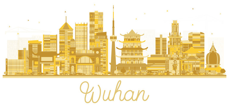 Wuhan China City Skyline Silhouette with Golden Buildings Isolated on White.