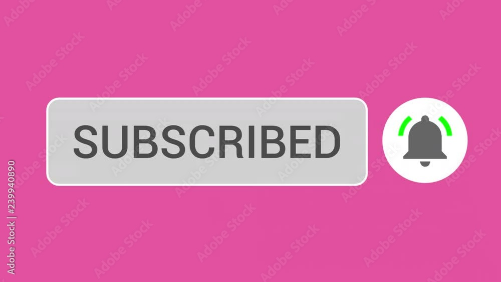 Poster mouse clicking subscribe button and bell notification with white border and pink background.